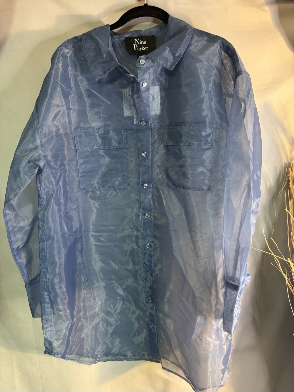 Nina Parker Sheer Light Blue Button-Up Blouse